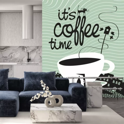 Fotobehang Een kopje met een inscriptie en een kat.