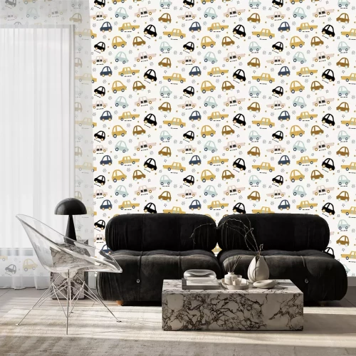 Behang Kids handdrawn seamless pattern with colorful cars