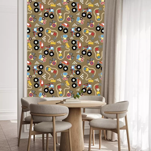 Behang vector seamless pattern of monster truck race cartoon