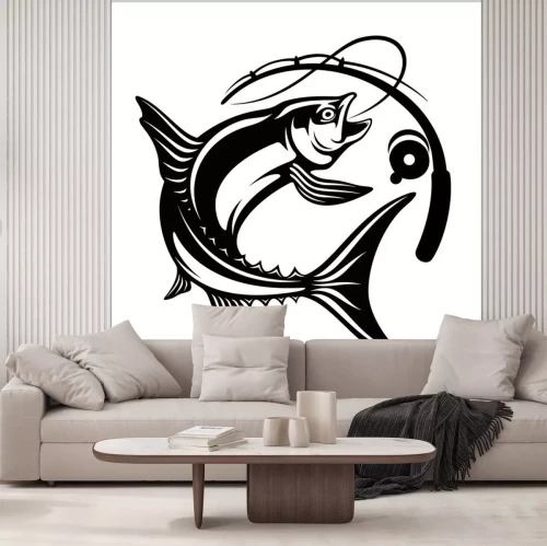 Sticker Fish with fishing rod in monochrome style. Logo for fishing, championship and sport club