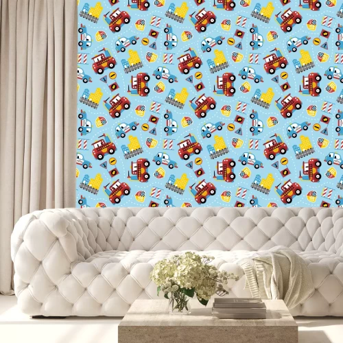 Behang seamless pattern of rescue team cartoon. Firefighter, police car, in the city.