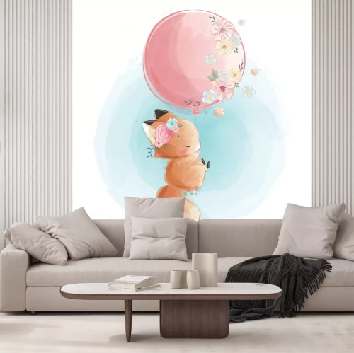 Sticker Cute Fox Flying with Flowery Balloon