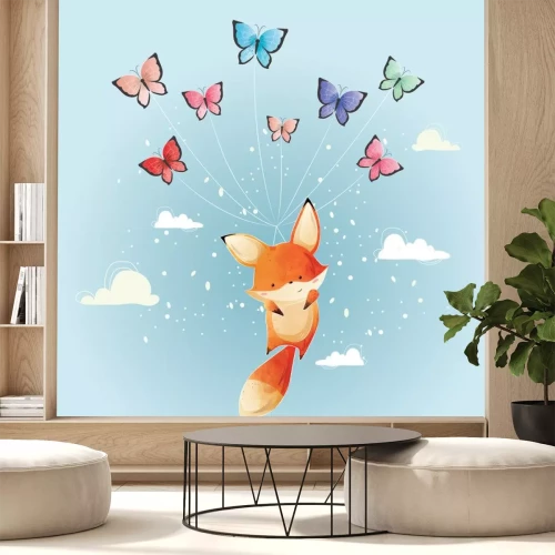 Sticker Cute Fox Flying with Butterflies