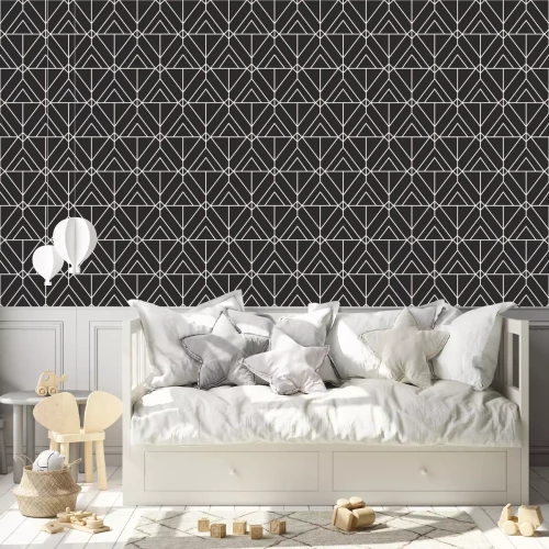 Behang Zwart motief met witte geometrische strepen