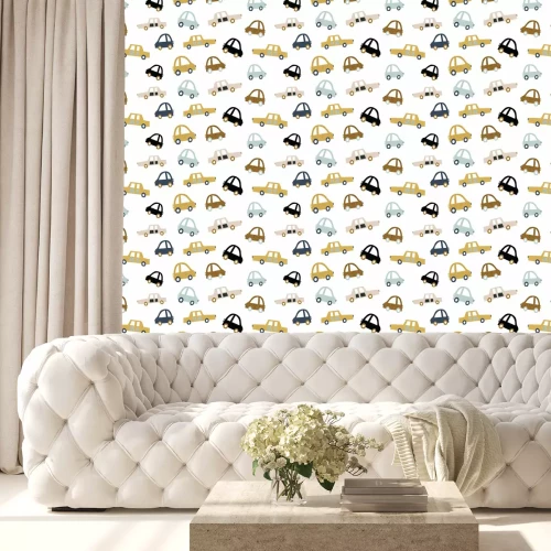 Behang Kids handdrawn seamless pattern with colorful cars