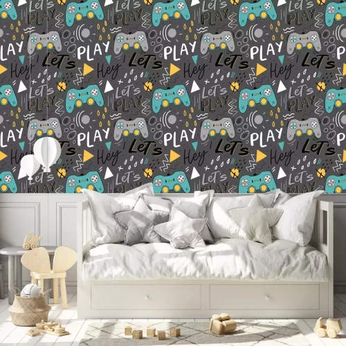 Behang Let's play kids seamless pattern with joystick for print, textile, wallpaper. Modern illustration with hand lettering background.