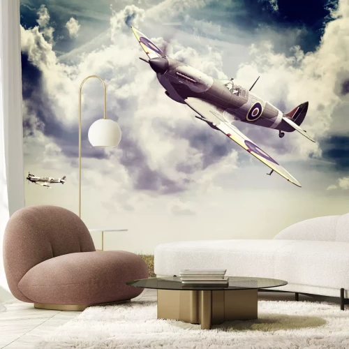 Fotobehang Render van een WW2 Supermarine Spitfire 3D-model tijdens de vlucht, instagram oud nostalgie-effect