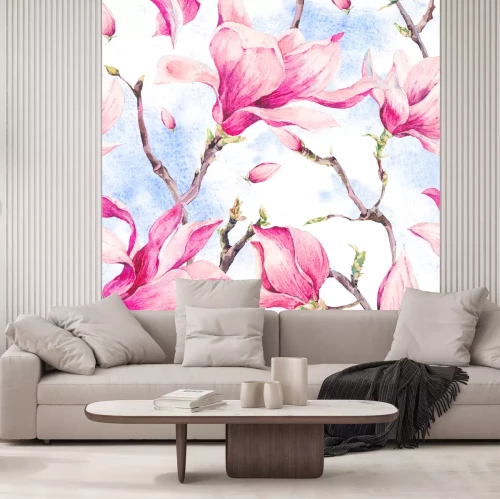Sticker Illustratie met roze magnolia's
