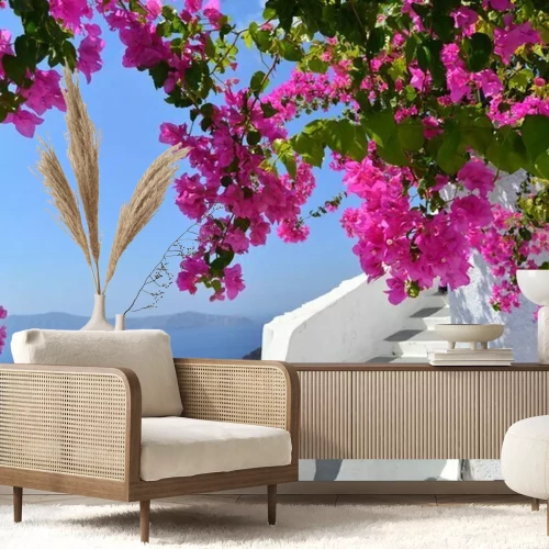 Fotobehang Roze bloemen en witte architectuur op Santorini