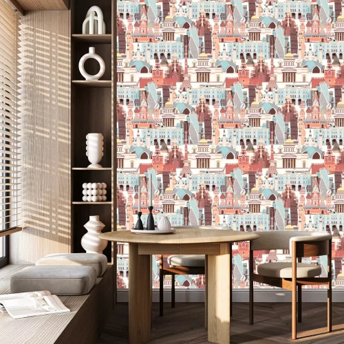 Behang Russia architecture vector pattern. Russian symbol seamless background. Street view cartoon flat style