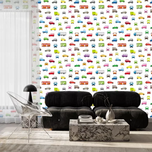 Behang 色々な車のアイコンのシームレスパターン背景(ポップカラー)