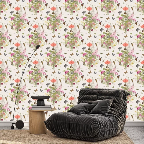 Behang Patroon met Victoriaans boeket en vlinders