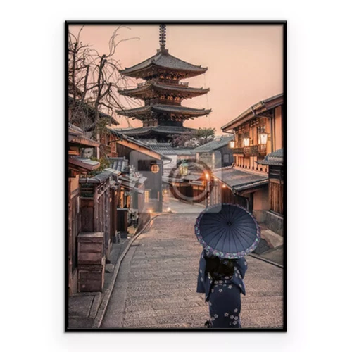 Poster Geisha voor een tempel