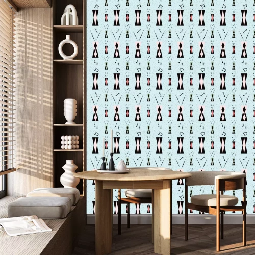 Behang Mid century musical seamless pattern with tall drums  and and a fun, kitschy take on the atomic era. Notes and drumsticks, diamond patterned drums. Pink and black on light blue textured background.