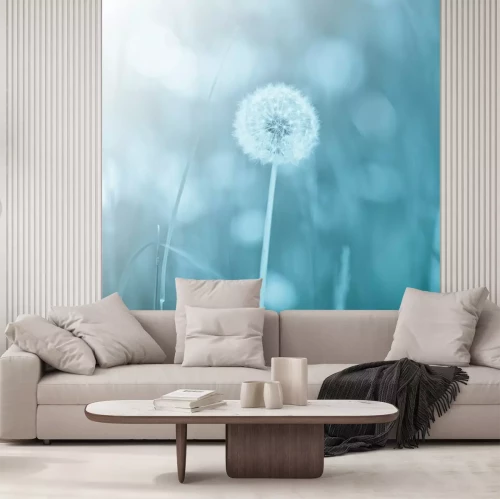 Fotobehang Een enkele paardenbloem op blauwe achtergrond