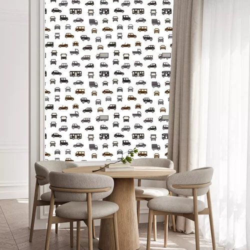 Behang 色々な車のアイコンのシームレスパターン背景(シルエット)シックカラー