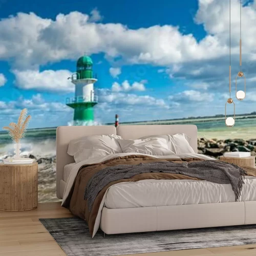 Fotobehang Vuurtoren in de zonnige Warnow monding