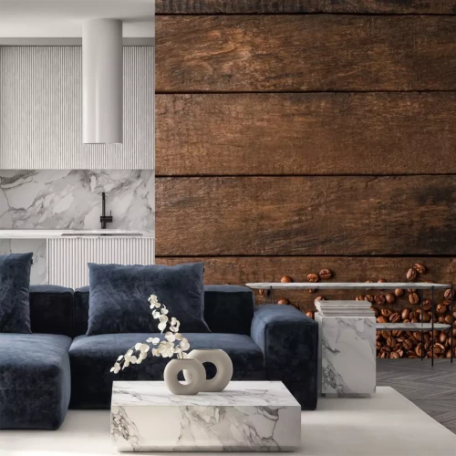 Sticker Geroosterde koffiebonen op houten achtergrond