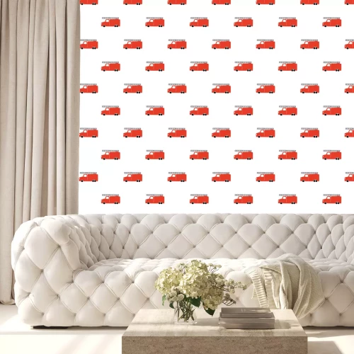 Behang Hand Draw A Fire Truck Seamless Pattern. Vector Boyish Background in Scandinavian Style. Red fire Cute Cars Isolated on White Background. Print for Children's t-Shirt, Textile, packaging, cover