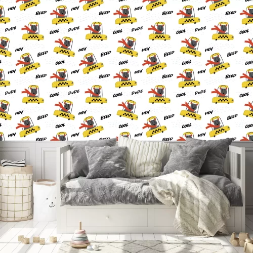 Behang Cute seamless pattern with funny bear taxi driver. Perfect for kids apparel, fabric, textile, nursery decoration, wrapping paper. Childish vector background. Winter background.