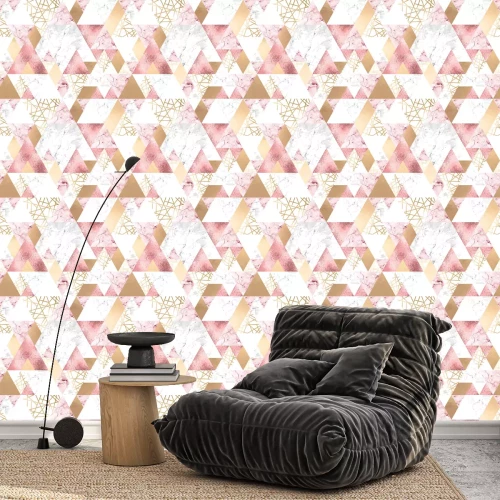 Behang Seamless geometric pattern with metallic lines, rose gold, gray and pink marble triangles