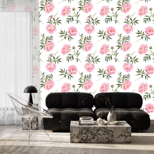 Behang Pioenen met bladeren op witte achtergrond