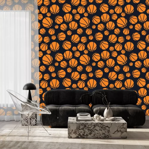 Behang Seamless dark blue and orange basketball balls pattern vector