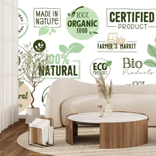 Sticker Organic food, farm fresh and natural products labels and elements collection. Vector illustration for food market, e-commerce, restaurant, healthy life and premium quality food and drink promotion.