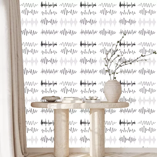 Behang Black sound waves. Music audio frequency, voice line waveform, electronic radio signal, volume level symbol handdrawn doodle vector