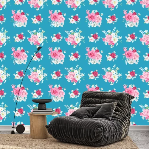 Behang Shabby chique boeketten bloemen op een blauwe achtergrond