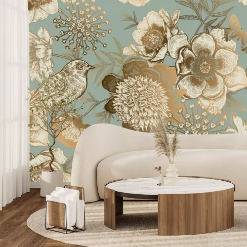 Fotobehang Vintage Oosterse bloemen en vogels