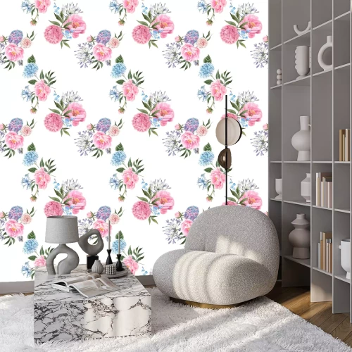 Behang Pioenen en hortensia's op witte achtergrond