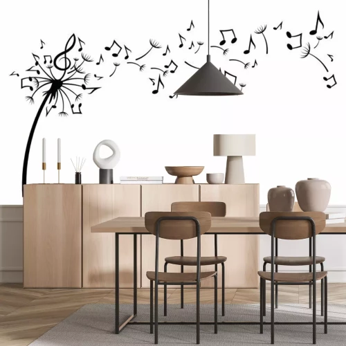 Sticker Dandelion with notes. Black and white vector illustration of a dandelion with flying notes. Tattoo.