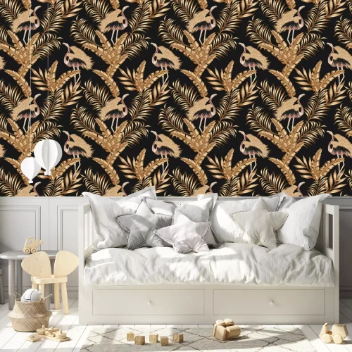 Behang Golden bird flamingo gpld leaves seamless black background