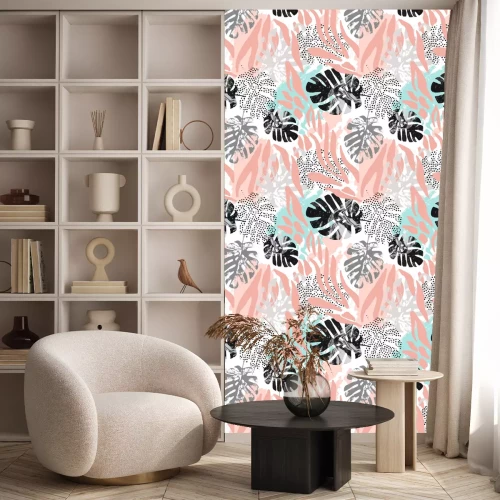 Behang Geschilderde monsterabladeren in pastelkleuren