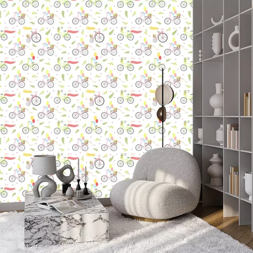 Behang Vintage Bikes with Flowers and Balloons Seamless Pattern Vector Illustration