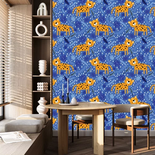 Behang Leopards, leaves, hand drawn backdrop. Colorful seamless pattern with animals. Decorative cute wallpaper, good for printing. Overlapping background vector. Design illustration