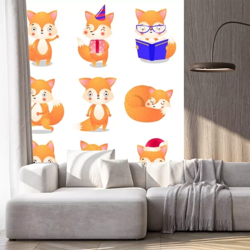 Sticker Cute little fox in action set. Raster illustration in flat cartoon style