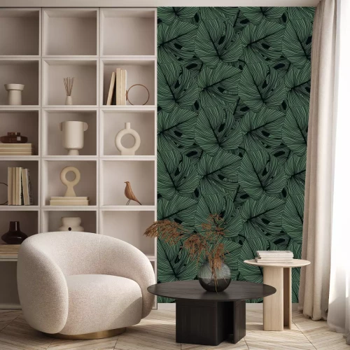 Behang Monstera leaves seamless pattern on black background. Tropical pattern, botanical leaf backdrop.