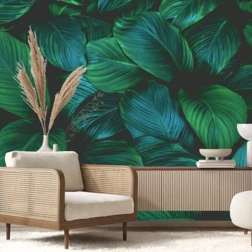 Fotobehang Donkergekleurde exotische bladeren