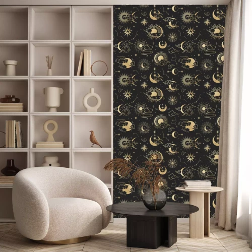 Behang Asian seamless pattern with clouds, moon, sun, stars . Vector collection in oriental chinese, japanese, korean style. Line hand drawn on black background.