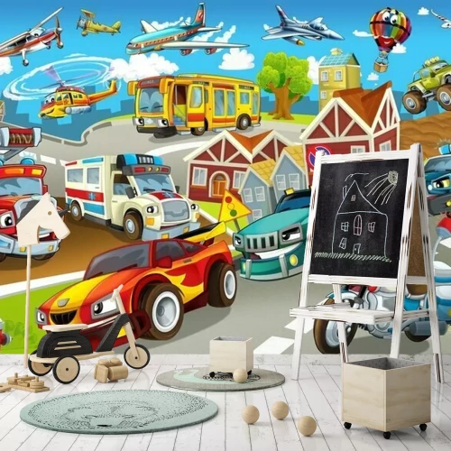 Fotobehang Cartoon voertuigen in de stad