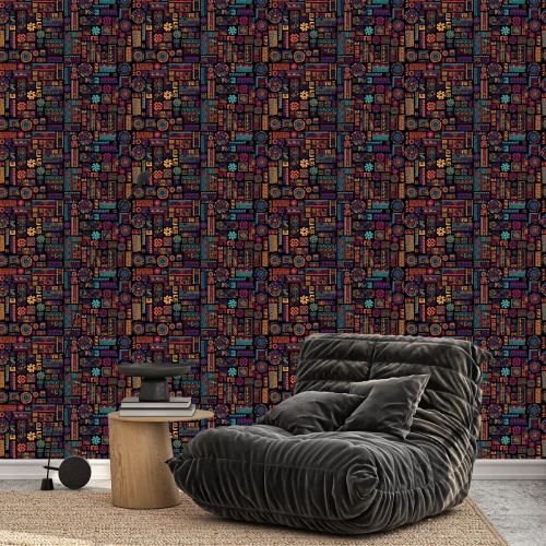 Behang Etnisch oosters kleurrijk patroon op een donkere achtergrond