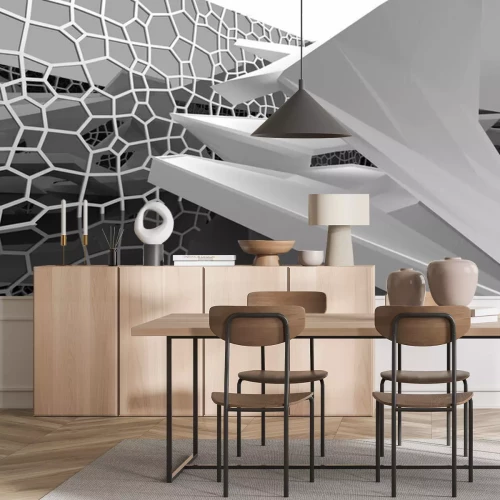 Fotobehang Abstract white and black interior multilevel public space with window. 3D illustration and rendering.