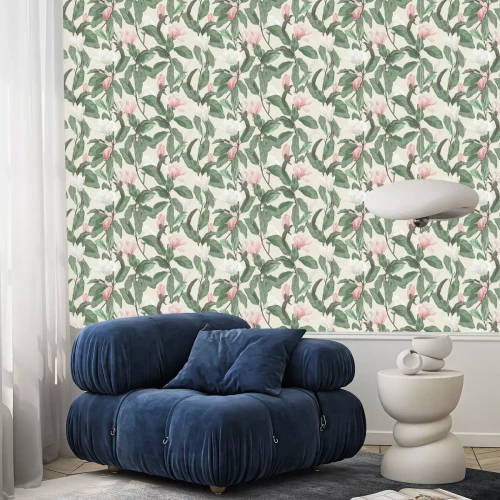 Behang Floral seamless pattern, pink and white Anise magnolia flowers and leaves on light brown, pastel vintage theme