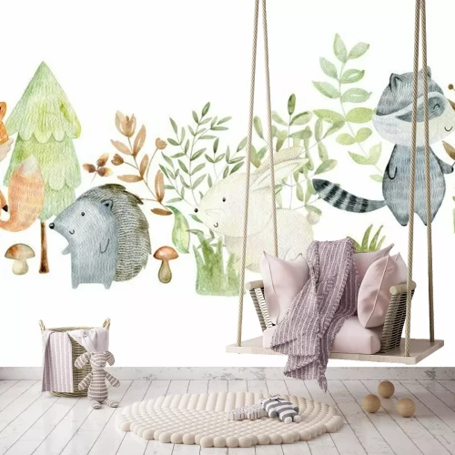 Fotobehang Sprookjesbosdieren en -planten op een witte achtergrond