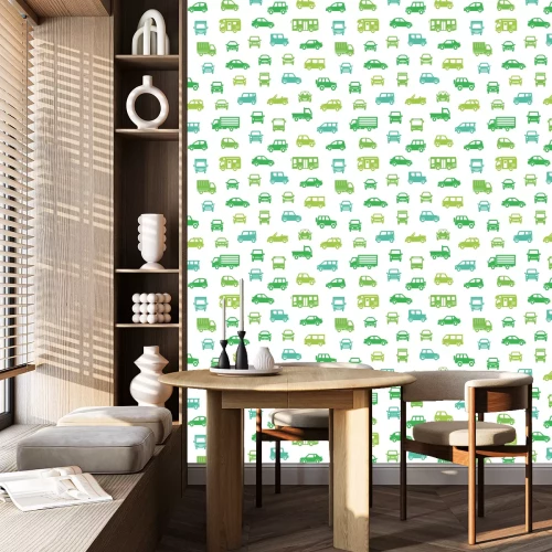 Behang 色々な車のアイコンのシームレスパターン背景(シルエット)エコカラー