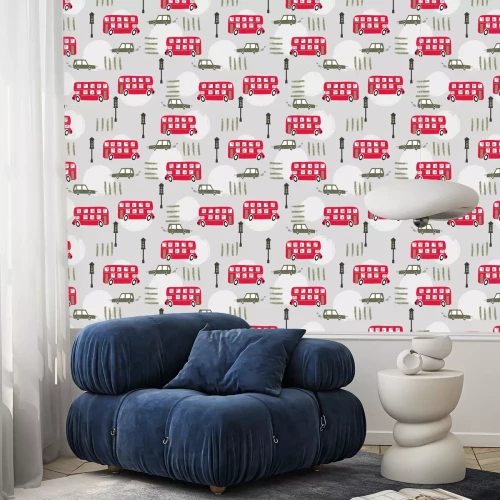 Behang Seamless road pattern with cartoon red London bus and car. Baby print.