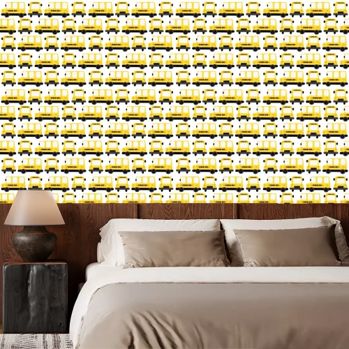 Behang Yellow school bus seamless pattern background. Design for fabric, wrapping, textile, wallpaper, apparel..