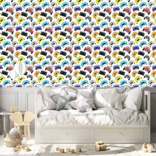 Behang Seamless pattern with colored cars on a white background.